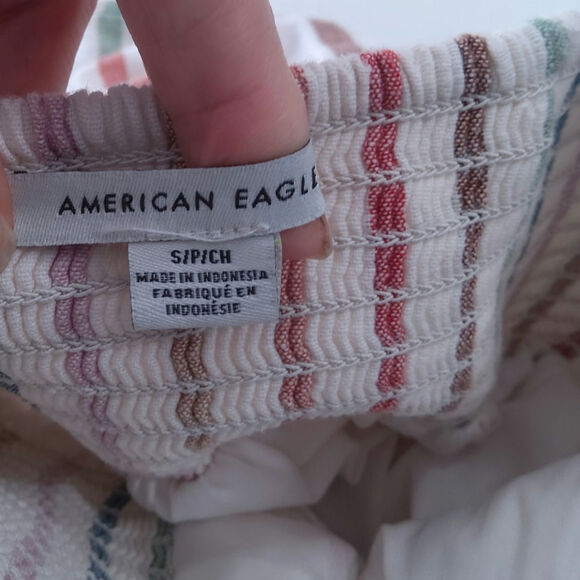 $Y2K American Eagle halter striped dress Linen/cotton Ruched tiered midi boho - Picture 8 of 9